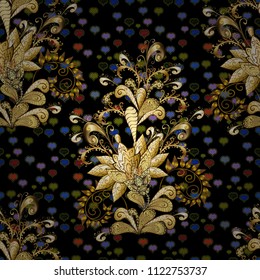 Seamless vintage pattern on black, brown and yellow colors with golden elements. Christmas, snowflake, new year 2019.