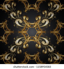 Seamless vintage pattern on black colors with golden elements. Christmas, snowflake, new year. Golden seamless pattern on black colors with golden elements.