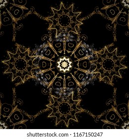 Seamless vintage pattern on black, brown and beige colors with golden elements. Christmas, snowflake, new year 2019.