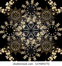 Seamless vintage pattern on black, gray and brown colors with golden elements. Christmas, snowflake, new year 2019.