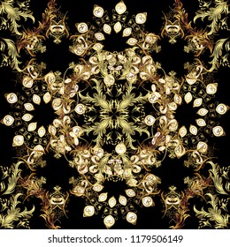 Seamless vintage pattern on black, brown and neutral colors with golden elements. Christmas, snowflake, new year. Golden seamless pattern on black, brown and neutral colors with golden elements.