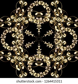 Seamless vintage pattern on black and beige colors with golden elements. Christmas, snowflake, new year 2019.