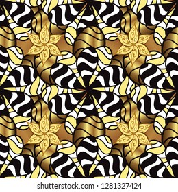 Seamless vintage pattern on black and yellow colors with golden elements. Christmas, snowflake, new year 2019.