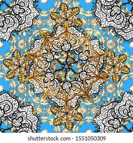 Seamless vintage pattern on black and white colors with golden elements. Christmas, snowflake, new year 2019.