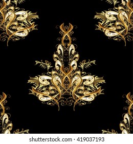Seamless vintage pattern on black background with golden elements. 