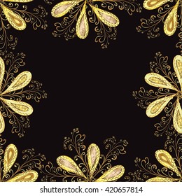 Seamless vintage pattern on black background with golden elements.