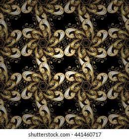 Seamless vintage pattern on black background with golden elements and shadows.