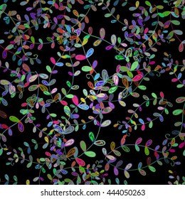Seamless vintage pattern on black background with colorful floral elements.