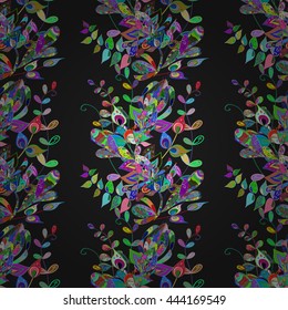 Seamless vintage pattern on black background with colorful elements.