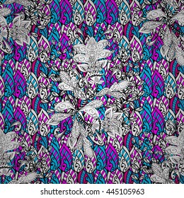 Seamless vintage pattern on black background with golden elements.