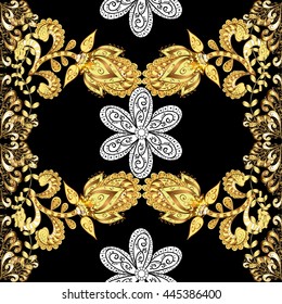Seamless vintage pattern on black background with golden and white elements.