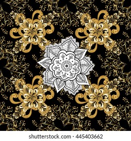 Seamless vintage pattern on black background with golden and white elements.