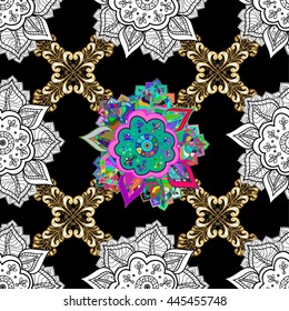 Seamless vintage pattern on black background with golden elements.