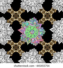 Seamless vintage pattern on black background with golden elements.