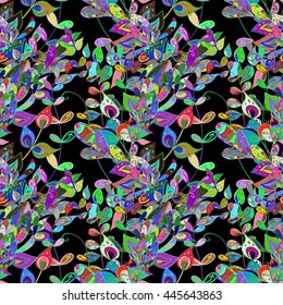Seamless vintage pattern on black background with colorful elements.