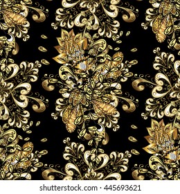 Seamless vintage pattern on black background with golden elements.