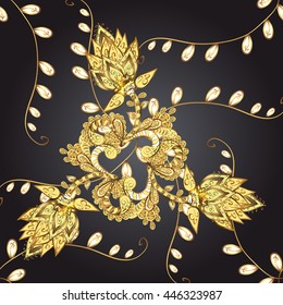 Seamless vintage pattern on black background with golden elements.