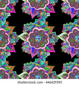 Seamless vintage pattern on black background with colorful elements.