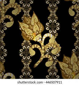 Seamless vintage pattern on black background with golden elements.
