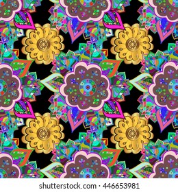 Seamless vintage pattern on black background with colorful elements.
