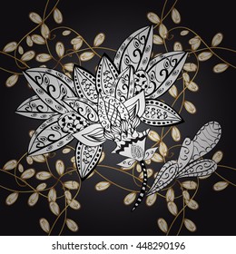 Seamless vintage pattern on black background with golden elements.