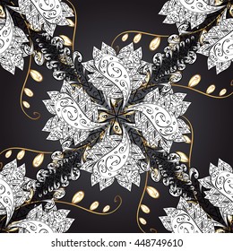 Seamless vintage pattern on black background with golden elements.