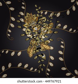 Seamless vintage pattern on black background with golden elements.