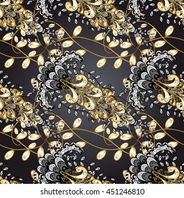 Seamless vintage pattern on black background with golden elements.