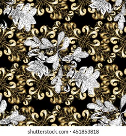 Seamless vintage pattern on black background with golden elements.