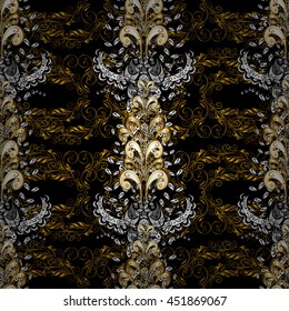 Seamless vintage pattern on black background with golden elements.