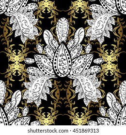 Seamless vintage pattern on black background with golden elements.