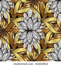 Seamless vintage pattern on black background with golden elements.