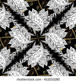 Seamless vintage pattern on black background with golden elements.