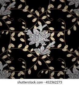 Seamless vintage pattern on black background with golden elements.