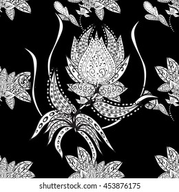 Seamless vintage pattern on black background with white elements.