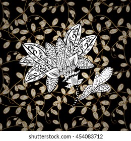 Seamless vintage pattern on black background with golden and white elements.