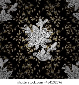 Seamless vintage pattern on black background with golden and white elements.