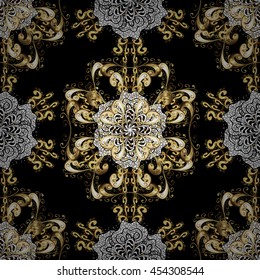 Seamless vintage pattern on black background with golden and white elements.
