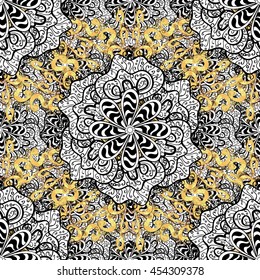 Seamless vintage pattern on black background with golden and white elements.