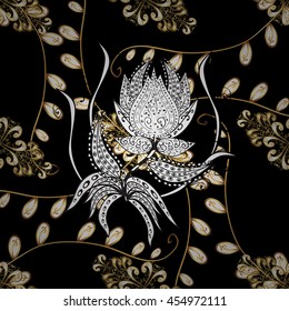 Seamless vintage pattern on black background with golden and white elements.