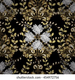 Seamless vintage pattern on black background with golden and white elements.