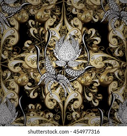 Seamless vintage pattern on black background with golden and white elements.