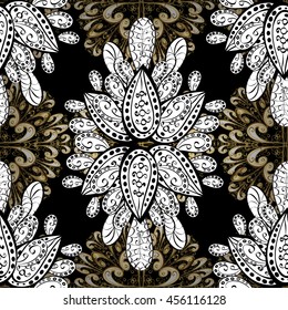 Seamless vintage pattern on black background with golden and white elements.