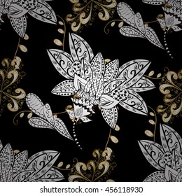 Seamless vintage pattern on black background with golden and white elements.
