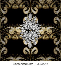 Seamless vintage pattern on black background with golden and white elements.