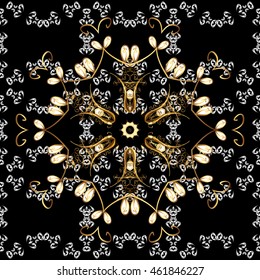 Seamless vintage pattern on black background with golden elements.