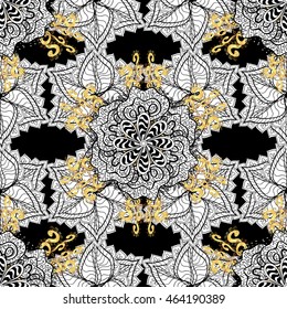 Seamless vintage pattern on black background with golden elements.