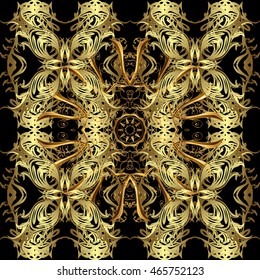 Seamless vintage pattern on black background with golden elements. Vector illustration.