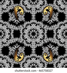 Seamless vintage pattern on black background with golden and white elements.