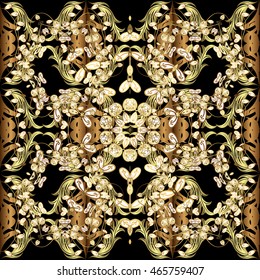 Seamless vintage pattern on black background with golden elements. Vector illustration.